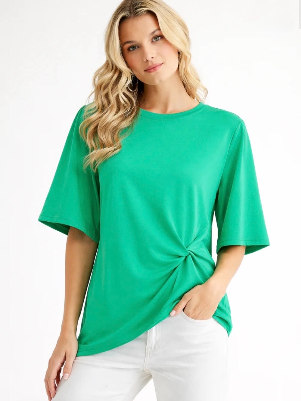 JOH Rynn Stretch Pointe Knit Asymmetrical Long Sleeve Round Neck Green Top Sz L
